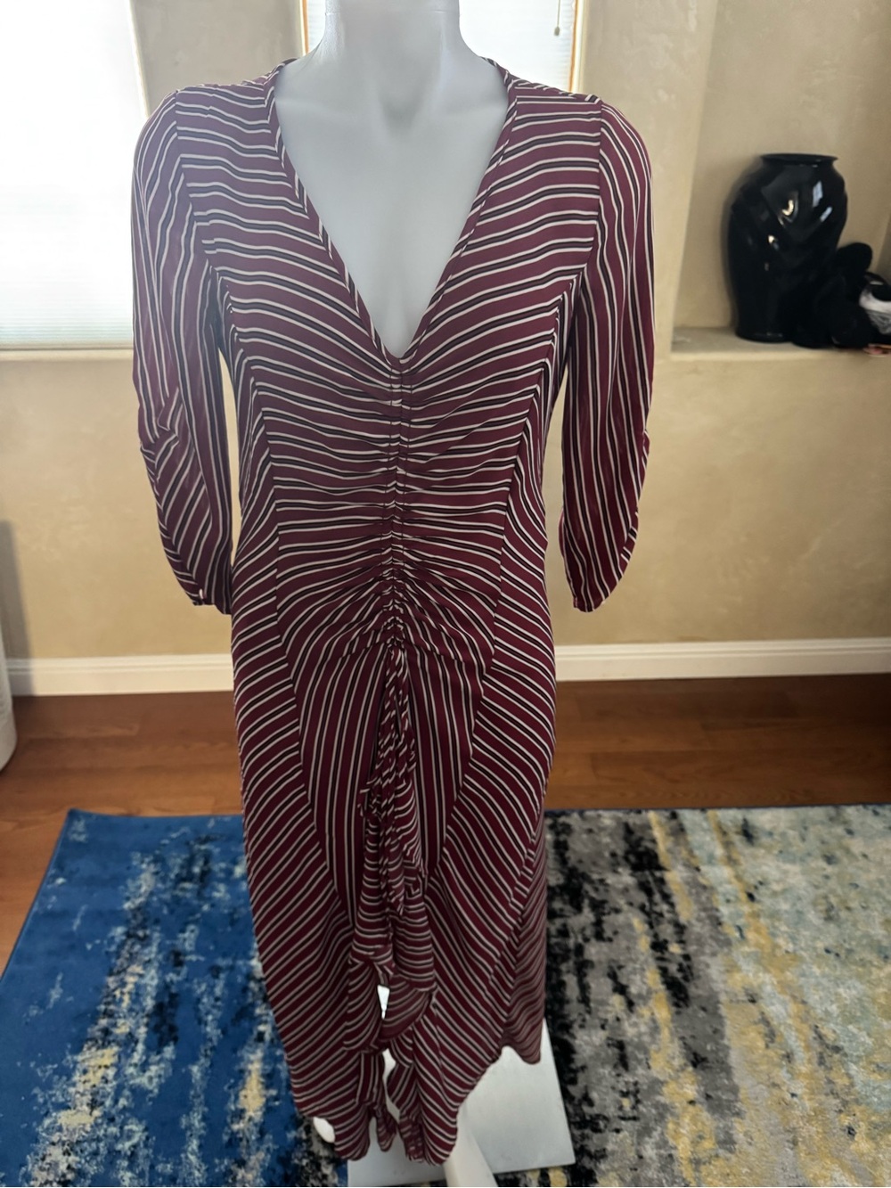 Spirit of Grace Burgundy Striped Ruched Midi High Low Dress Sz Medium - Picture 2 of 8